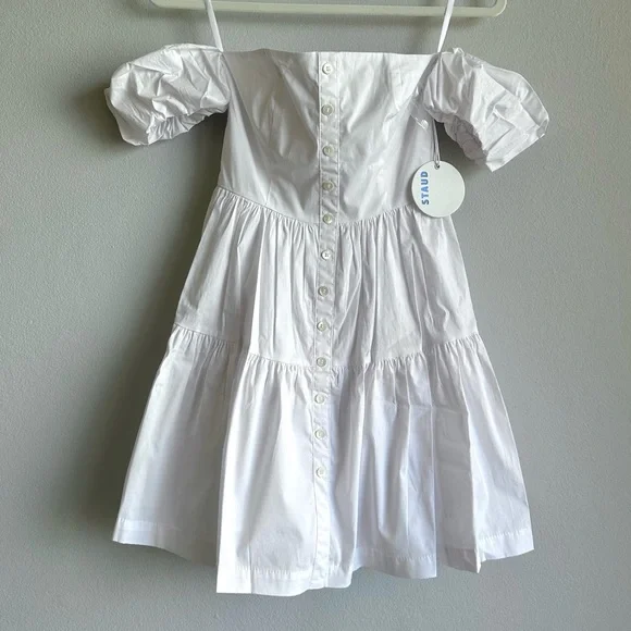 Staud Mini Elio Dress in White / Off The Shoulder Prairie Dress w/ Puffy Sleeves - Picture 5 of 13